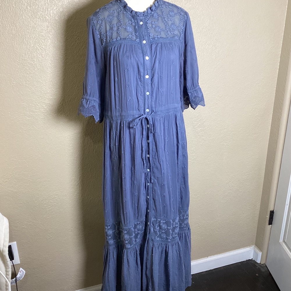Sundance Blue Cotton Embroidered Lace Crochet Button Front Maxi Dress Small Boho